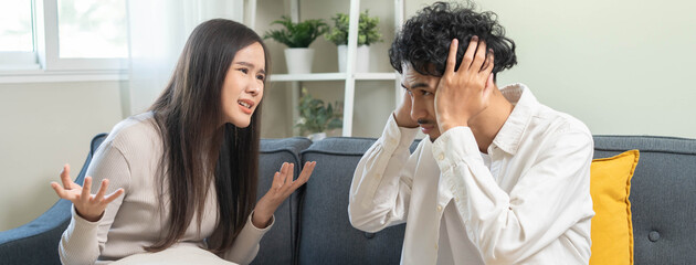 Family problem concept. Tension in relationship between married couple, husband and wife staying...