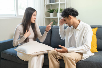 Family problem concept. Tension in relationship between married couple, husband and wife staying...