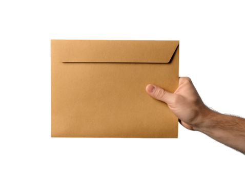 Hand Holding a Brown Kraft Envelope Against a Transparent Background, PNG