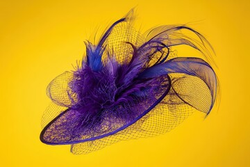 Striking purple fascinator with delicate netting and feathers.