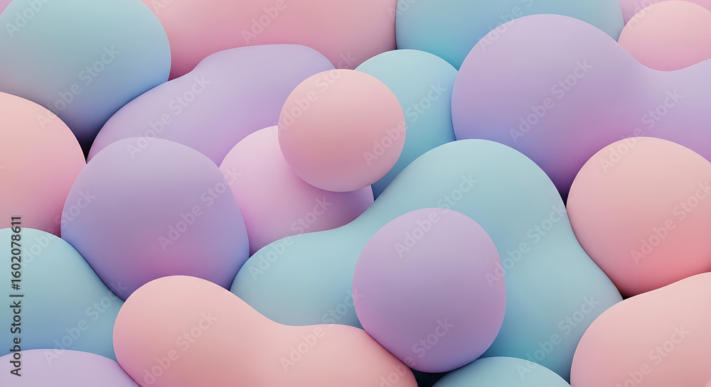 Poster pastel colored smooth shapes and spheres creating a soft and calming abstract background design