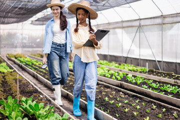 Young generation z girls working on agricultural farm with clipboard and magnifying glass in outdoor greenhouse education and scientist research