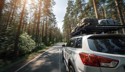 Obraz premium Ultimate Road Trip: SUV Adventure Through Lush Pine Forest