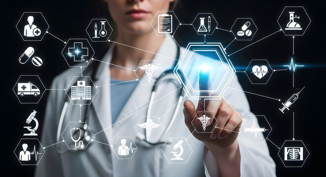 Female doctor using a futuristic holographic interface for medical diagnosis and healthcare innovation