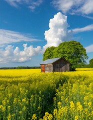 Rustic wooden barn amidst vibrant yellow rapeseed field under blue sky image