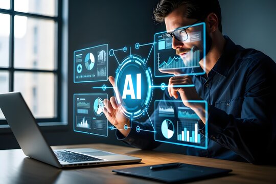 AI agent analyzing data and generating reports. Artificial intelligence and intelligent automation IA technology. Businessman using laptop computer to give instructions to AI at desk in office.
