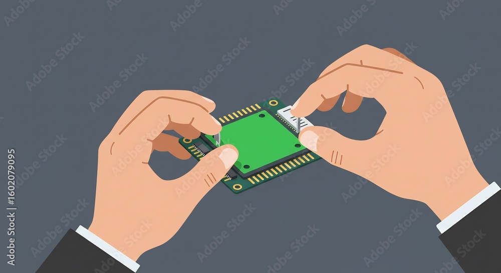 Poster Installing Microchip Hands Assembling Component on Circuit Board