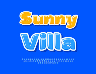 Vector Summer template Sunny Villa. Elegant Blue Font. Modern Glossy Alphabet Letters and Numbers set