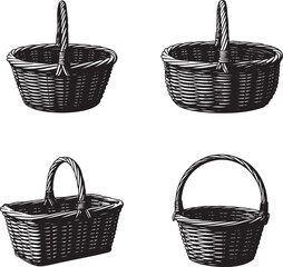Obraz premium Set of Vintage wooden basket silhouette vector illustration isolated On Transparent Background