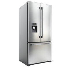 Modern stainless steel french door refrigerator isolated on transparent background