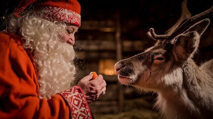 After a long night, Santa Claus is in a rustic, cozy living room, enjoying a hot drink by a crackling fireplace. This heartwarming scene captures the peace and reward of his Christmas efforts.