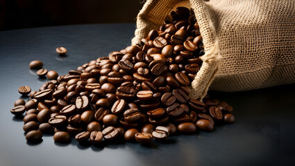 Rich brown coffee beans spilling from a jute sack onto textured black tabletop