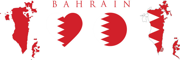 Bahrain flag and map set. Bahrain flag in official colours and proportions. independence day 16 December, map, circle and heart shaped Bahrain