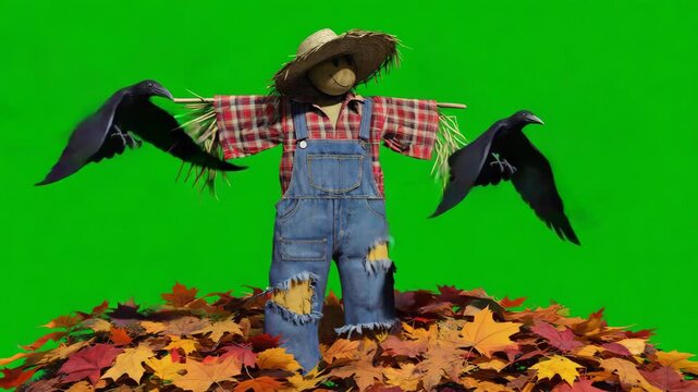 Detailed 3D scarecrow with patchwork clothes and straw hat, standing in a pile of autumn leaves, with two animated crows flying around, all on a green background 