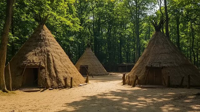 Traditional Native American dwellings in a forest clearing