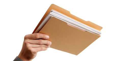 Hand Holding a Tan File Folder with White Papers, PNG