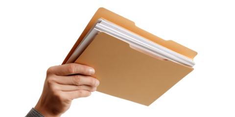 Hand Holding a Tan File Folder with White Papers, PNG