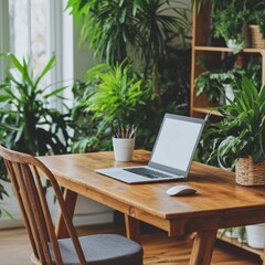 Fototapeta premium A cozy workspace surrounded by lush indoor plants and natural light.
