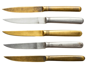 a collection of five vintage metallic knives with brass and silver handles