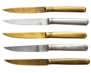 a collection of five vintage metallic knives with brass and silver handles