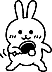 卓球のバックハンドを打つ、うさぎ（線画）のイラスト