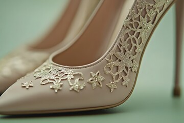 Obraz premium Close-up view of elegant high heels with intricate floral lacework.