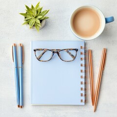 A cozy workspace with a notebook, glasses, pens, a plant, and a drink.