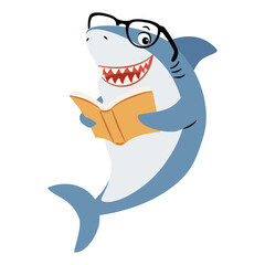 Cute shark with glasses reading a book. Flat vector illustration in simple children's style on white background. Vector illustration