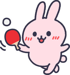 卓球をする、うさぎ（線画カラー）のイラスト