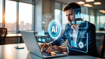 AI agent analyzing data and generating reports. Artificial intelligence and intelligent automation IA technology. Businessman using laptop computer to give instructions to AI at desk in office. 