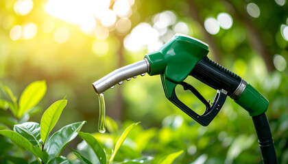 Green Fuel Nozzle with Nature Background.