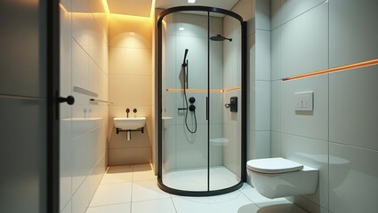 Modern bathroom with a curved glass shower enclosure.
