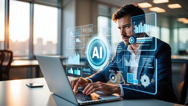 AI agent analyzing data and generating reports. Artificial intelligence and intelligent automation IA technology. Businessman using laptop computer to give instructions to AI at desk in office. 