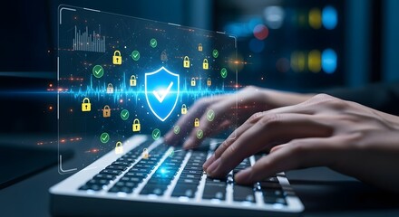 AI Cybersecurity Interface – Hands Typing with Digital Lock Symbols