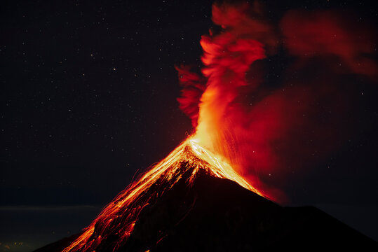 Volcan de Fuego during an eruption at night