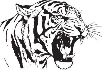 Roaring Tiger Head Black and White Vector Illustration – Wild Animal Tattoo Design
