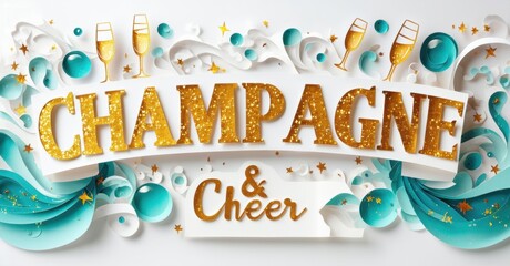 Fototapeta premium Celebratory design features champagne glasses, gold lettering, turquoise swirls, stars. Festive, joyful occasion depicted.