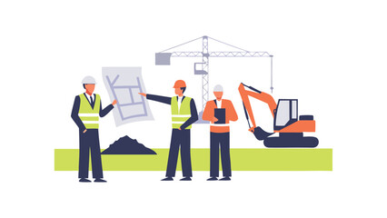 Three construction workers reviewing a blueprint with a crane and excavator in the background