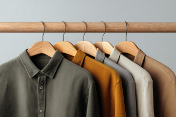 Earth tone button up shirts hanging on wooden hangers on rack against neutral background for fashion display