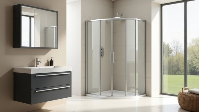 Modern corner shower stall in a contemporary bathroom.