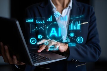 AI agent analyzing data and generating reports. Artificial intelligence and intelligent automation IA technology. Businessman using laptop computer to give instructions to AI at desk in office.