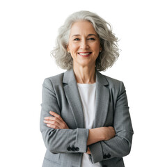 Smiling mature woman with gray hair wearing a gray blazer and white shirt arms crossed isolated on transparent background