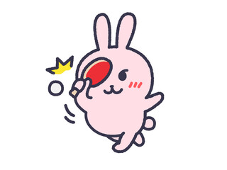 卓球のスマッシュを打つ、うさぎ（線画カラー）のイラスト