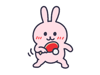 卓球のバックハンドを打つ、うさぎ（線画カラー）のイラスト
