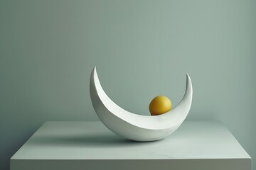 Harmonious Orb in Crescent: A serene composition featuring a delicate crescent-shaped sculpture cradling a luminous golden sphere, creating a sense of balance and artistic finesse.