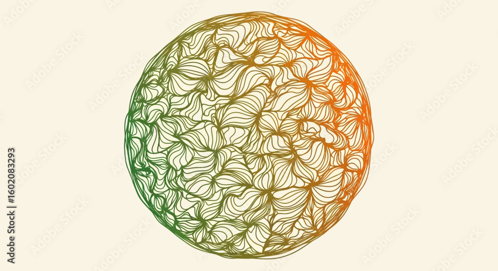 Poster abstract gradient sphere with intricate flowing detailed line art.