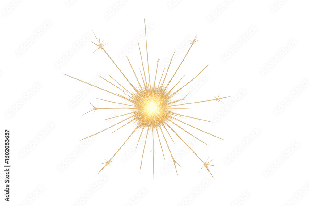 Poster golden light rays exploding from a central bright core on a transparent background, creating a starb