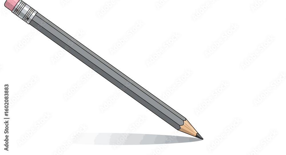 Poster angled graphite pencil with eraser and realistic shadow on surface.