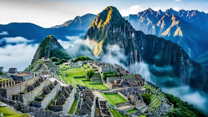 A breathtaking timelapse of clouds and mist swirling around the majestic ancient ruins of a city high in the mountains at sunrise - Powered by Adobe