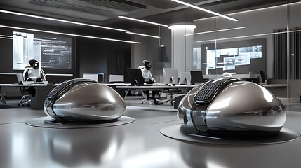 Sleek silver AI bots shaping strategic planning modules over bright desks
